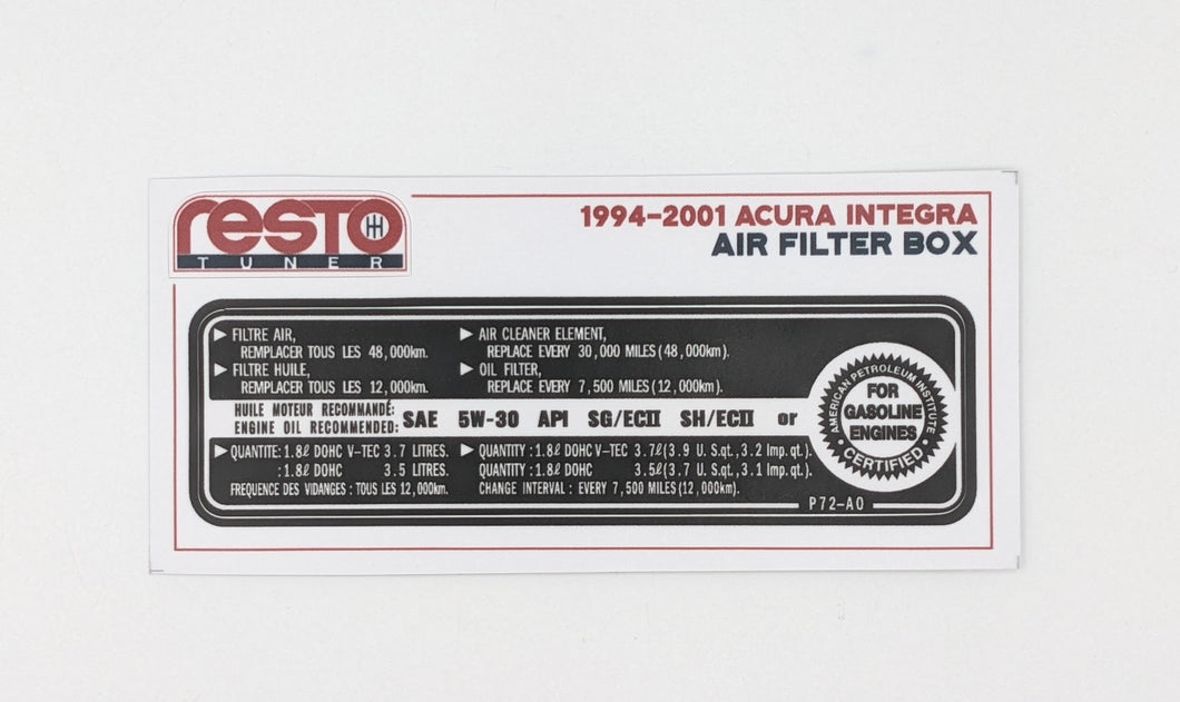 Restotuner 1994-2001 Integra Air Filter Box Decal